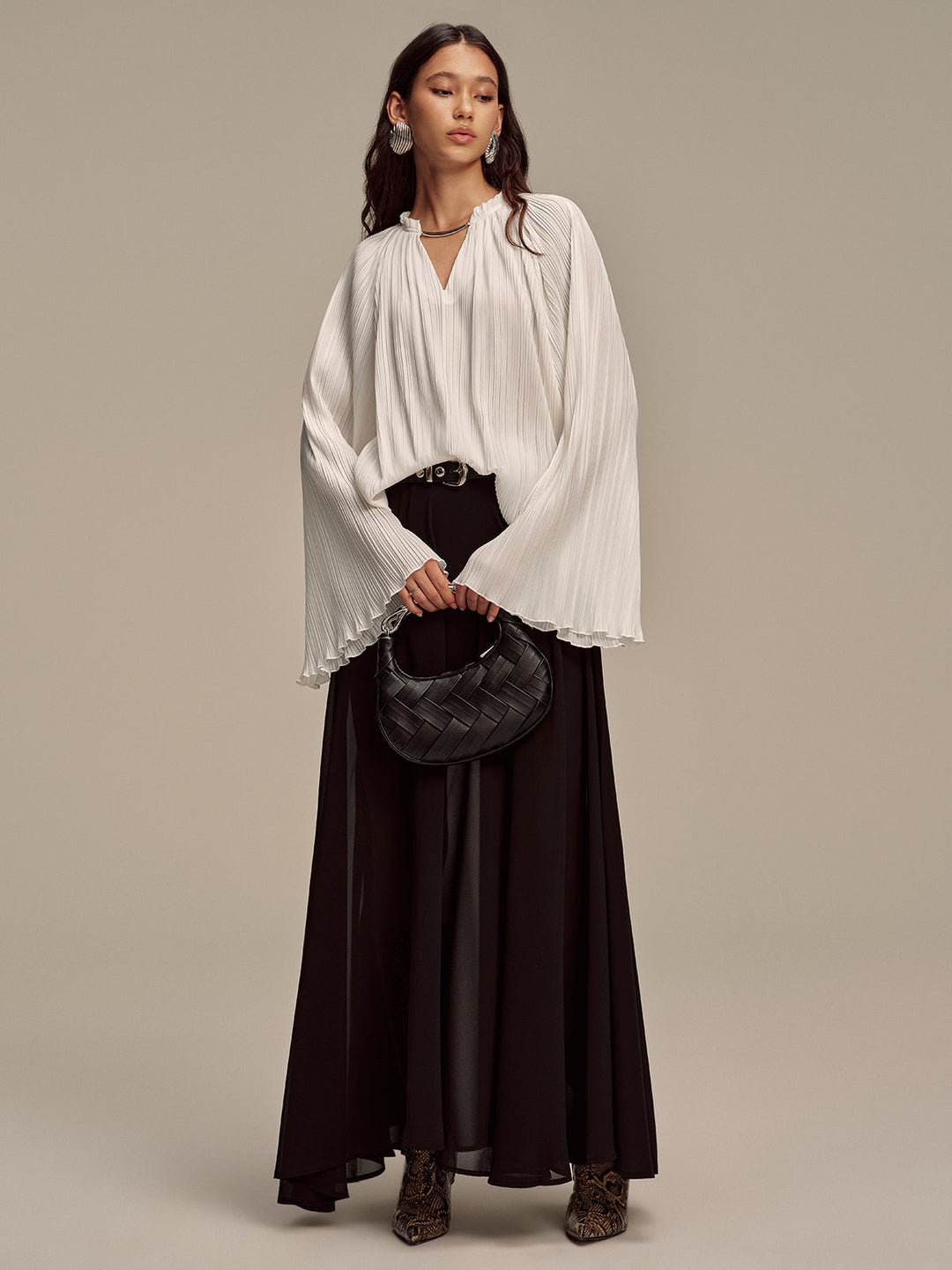Metal Collar Pleated Long-Sleeve Blouse
