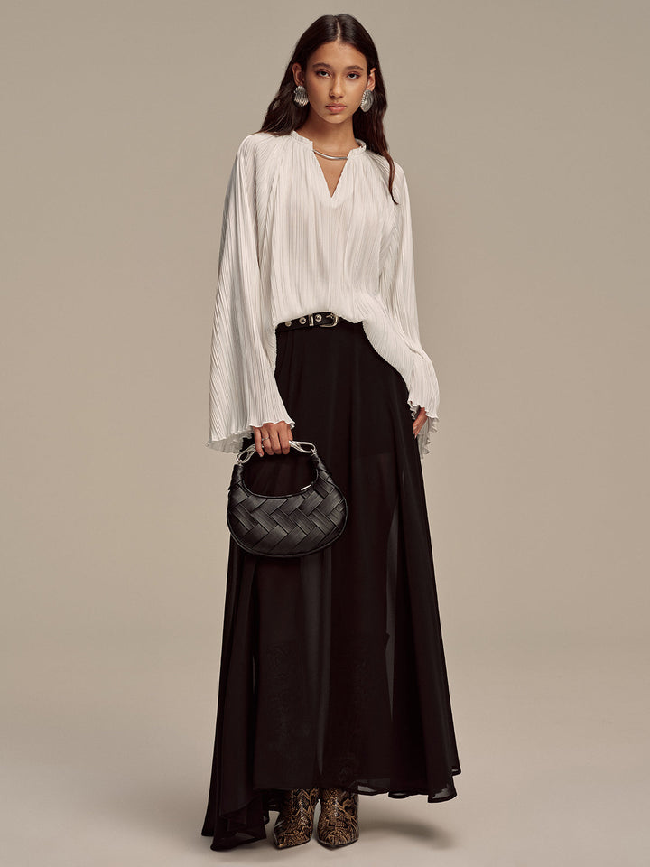 Metal Collar Pleated Long-Sleeve Blouse