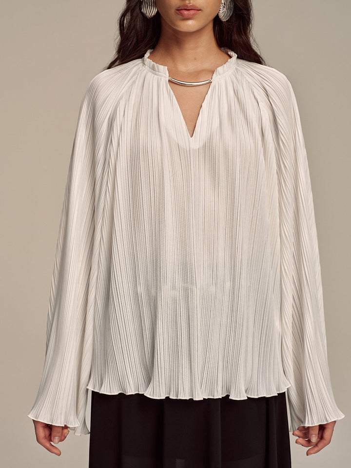 Metal Collar Pleated Long-Sleeve Blouse