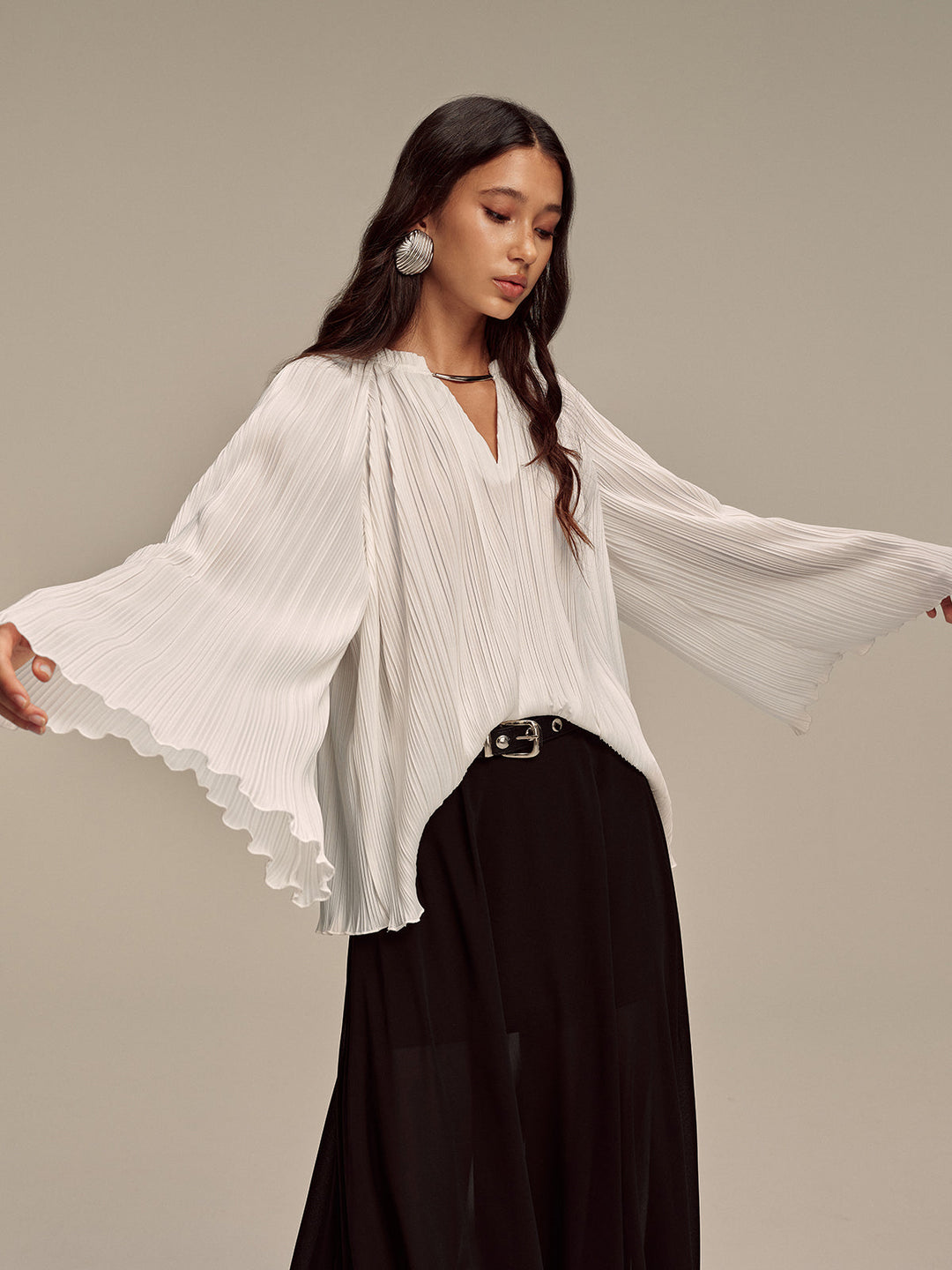 Metal Collar Pleated Long-Sleeve Blouse