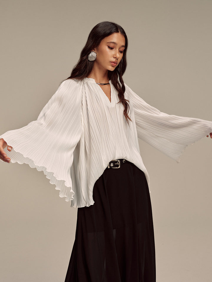 Metal Collar Pleated Long-Sleeve Blouse