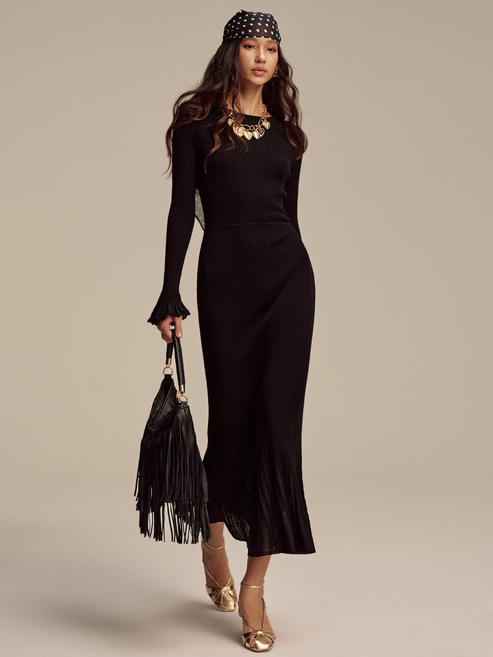 Wool Blend Ribbed Knit Maxi Dress with Mesh Hem