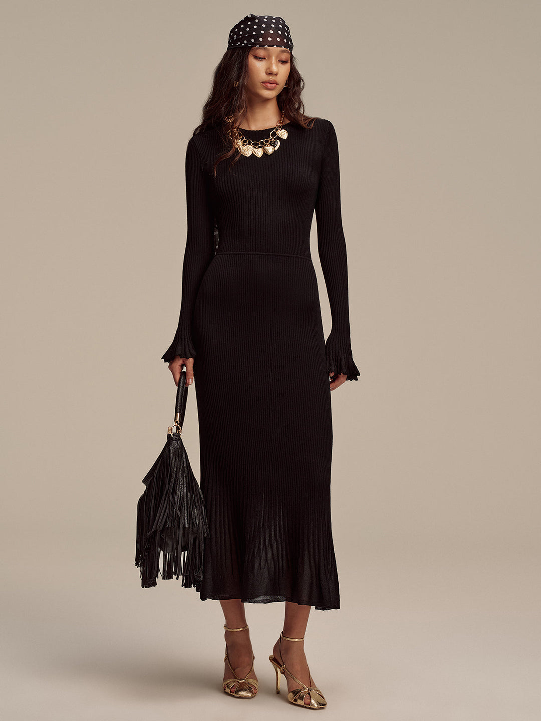 Wool Blend Ribbed Knit Maxi Dress with Mesh Hem