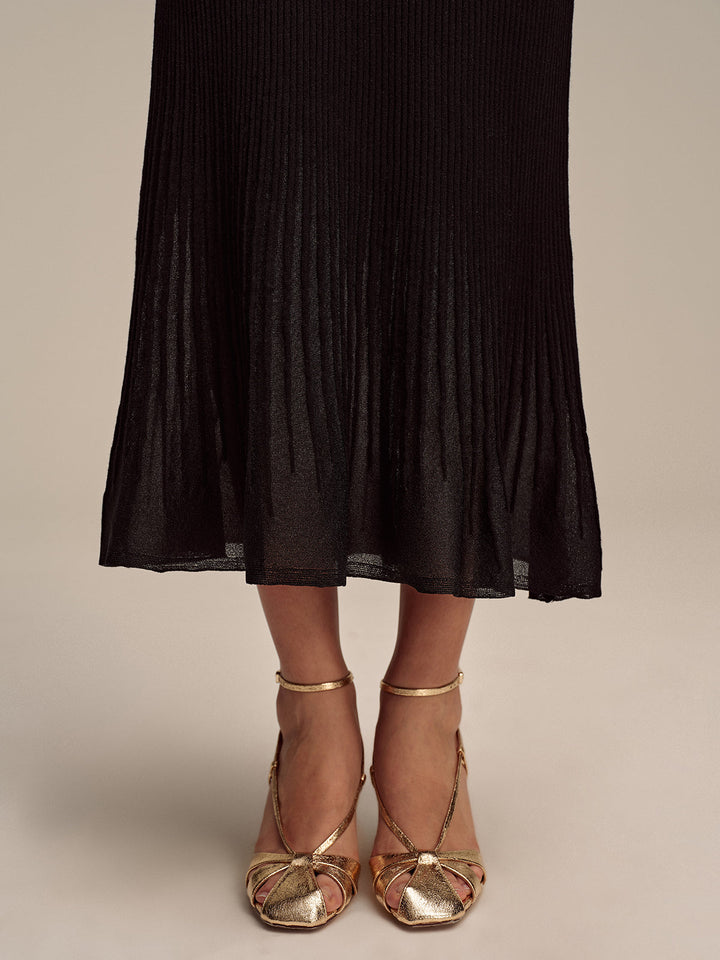 Wool Blend Ribbed Knit Maxi Dress with Mesh Hem