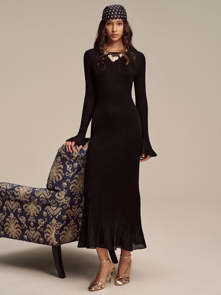 Wool Blend Ribbed Knit Maxi Dress with Mesh Hem