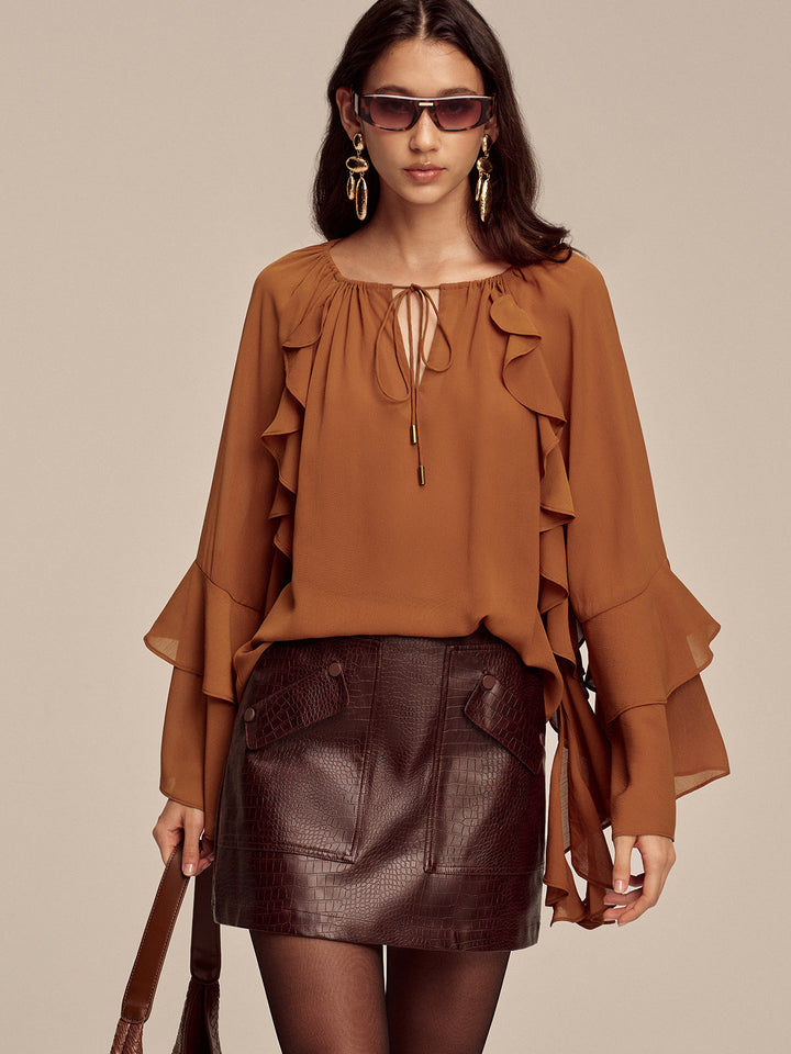 Chiffon Ruffled Tiered Sleeve Tie-Neck Blouse