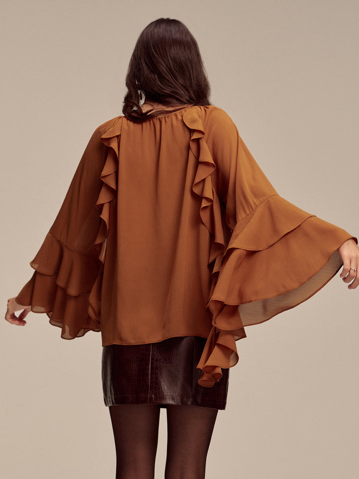 Chiffon Ruffled Tiered Sleeve Tie-Neck Blouse