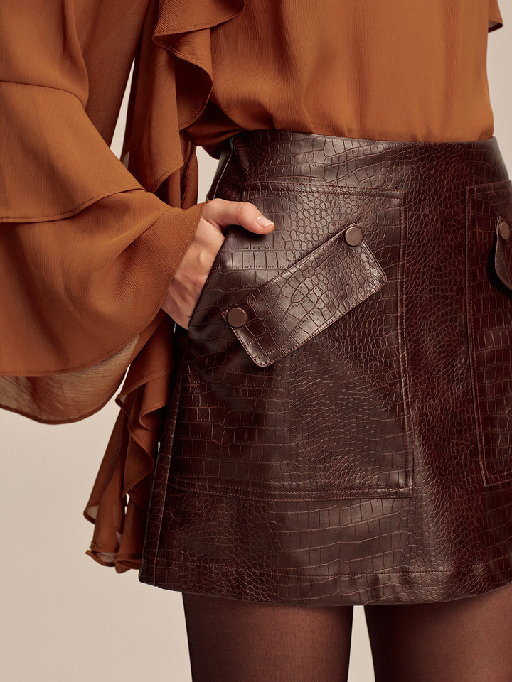Faux Leather Crocodile-Embossed Mini Skirt