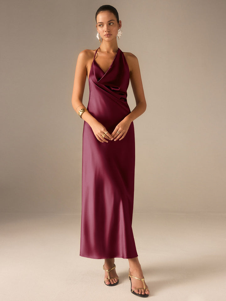 Satin Halter-Neck Backless Maxi Dress