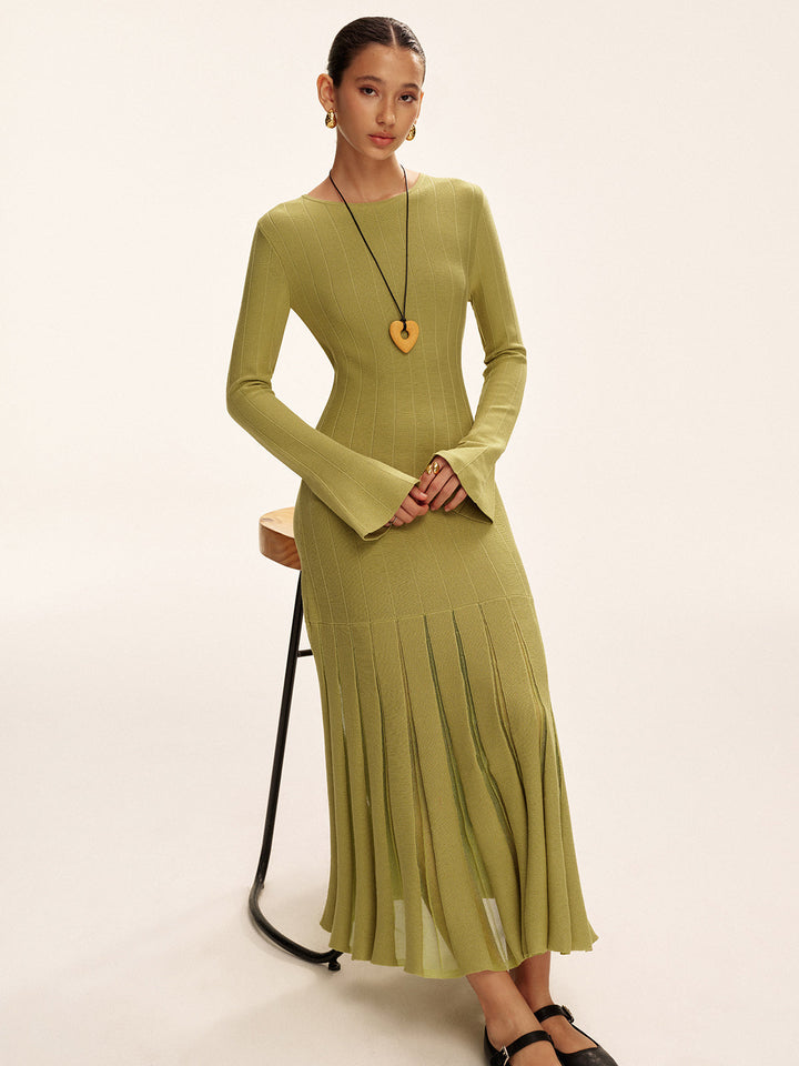 Mesh Pleated Hem Knit Maxi Dress