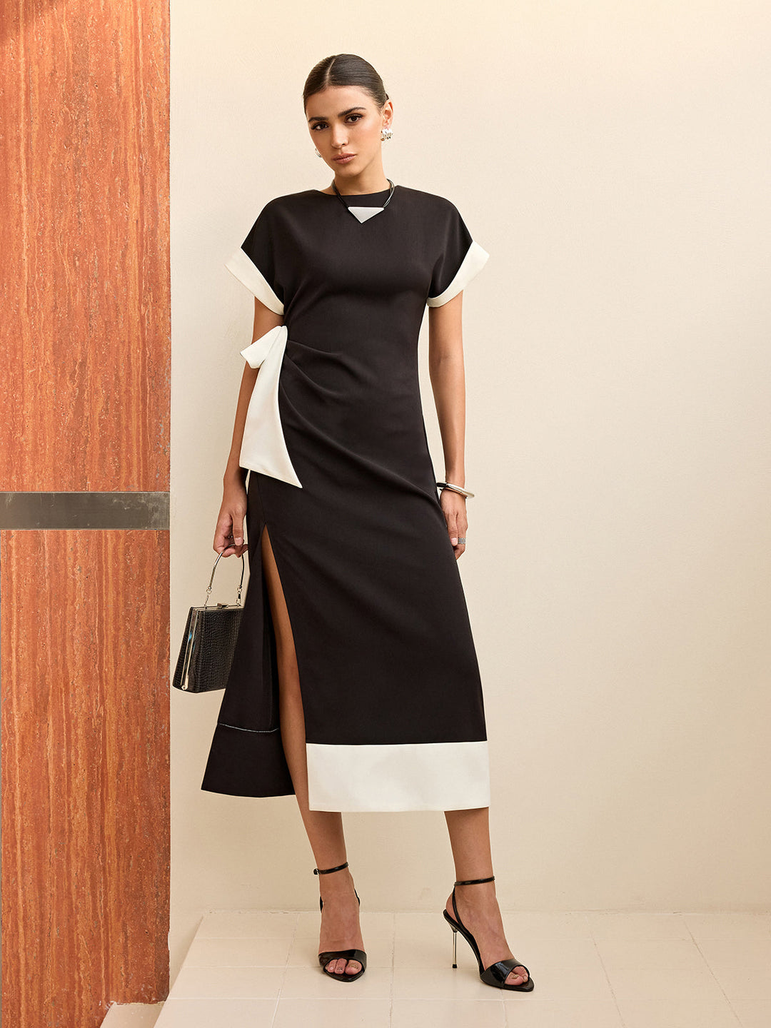 Contrast Trim Bow Slit Midi Dress