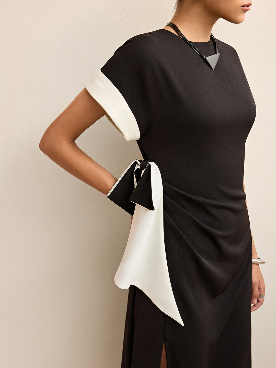 Contrast Trim Bow Slit Midi Dress