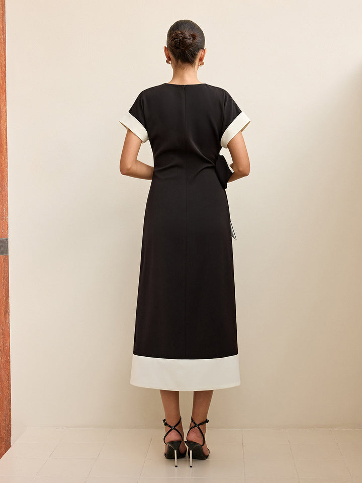 Contrast Trim Bow Slit Midi Dress