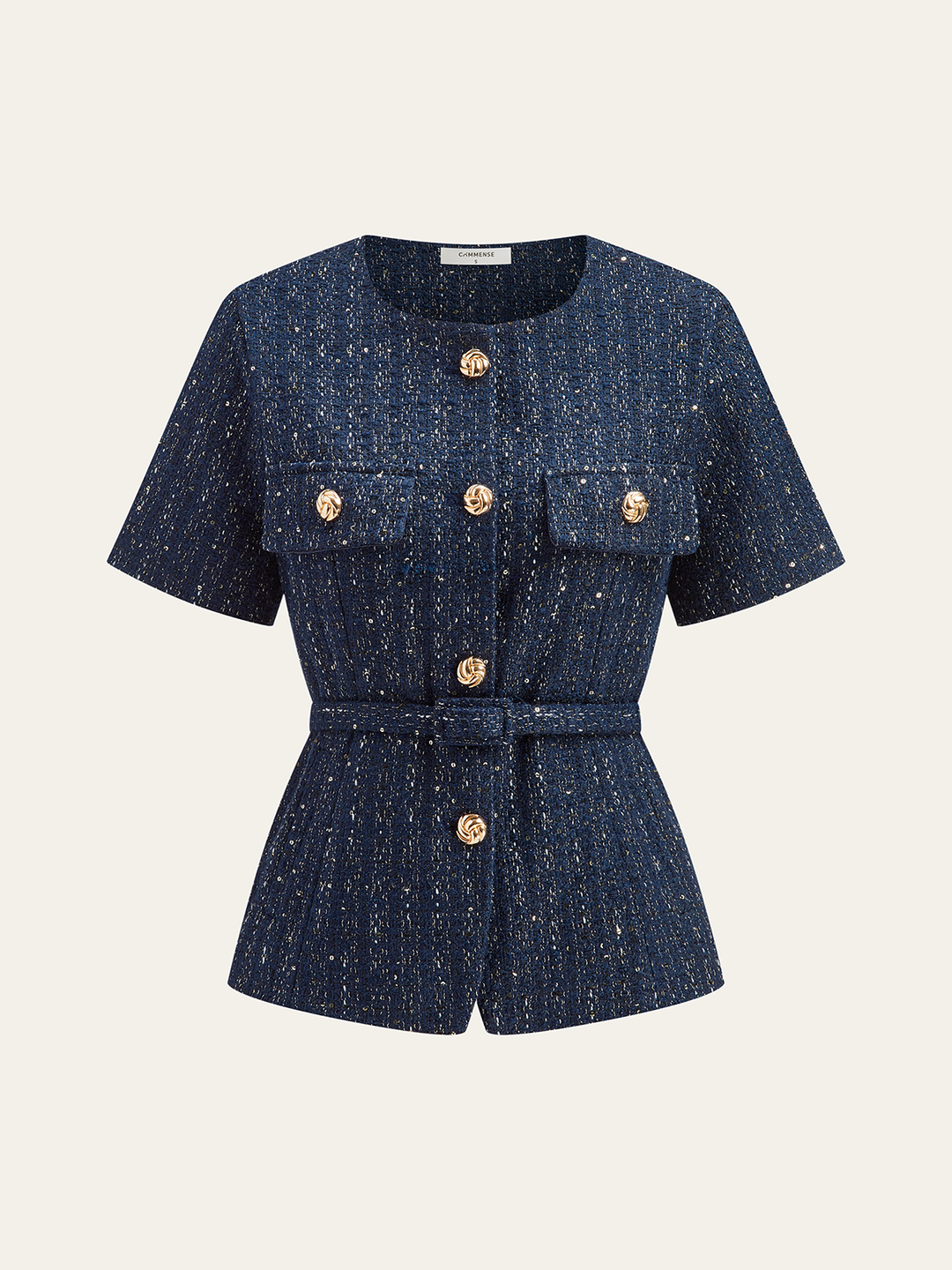 Tweed Short-Sleeved Blazer with Belt