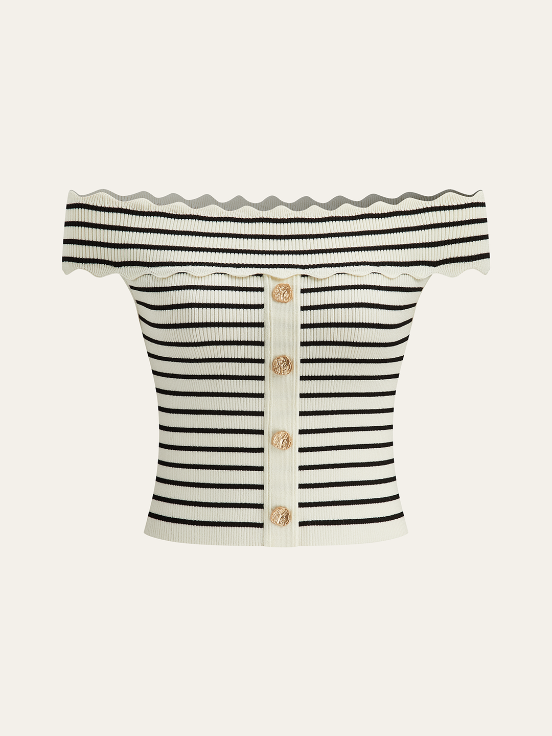 Striped Off-Shoulder Metal Button Knit Top