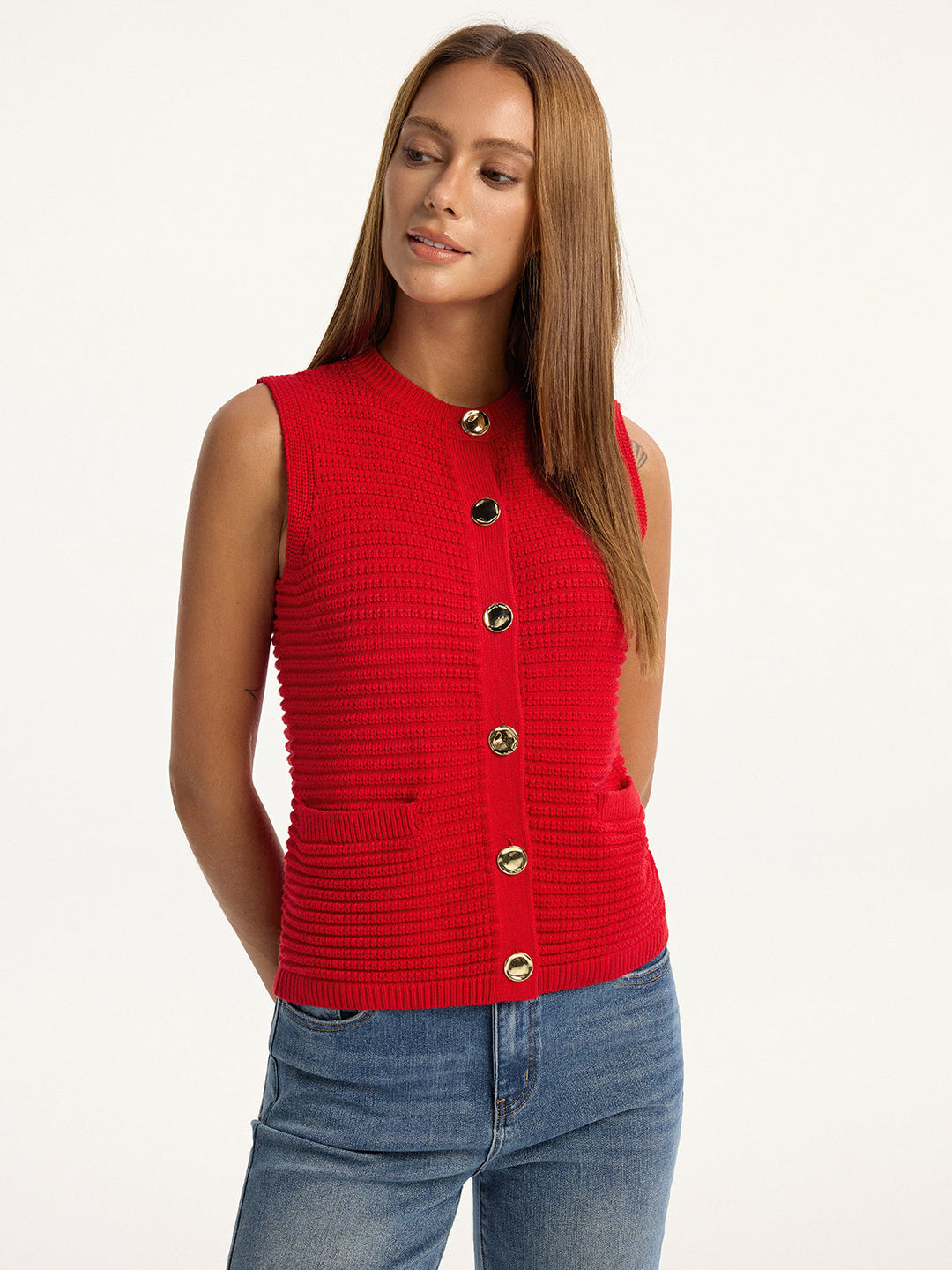 Metal Button Pocket Sweater Vest