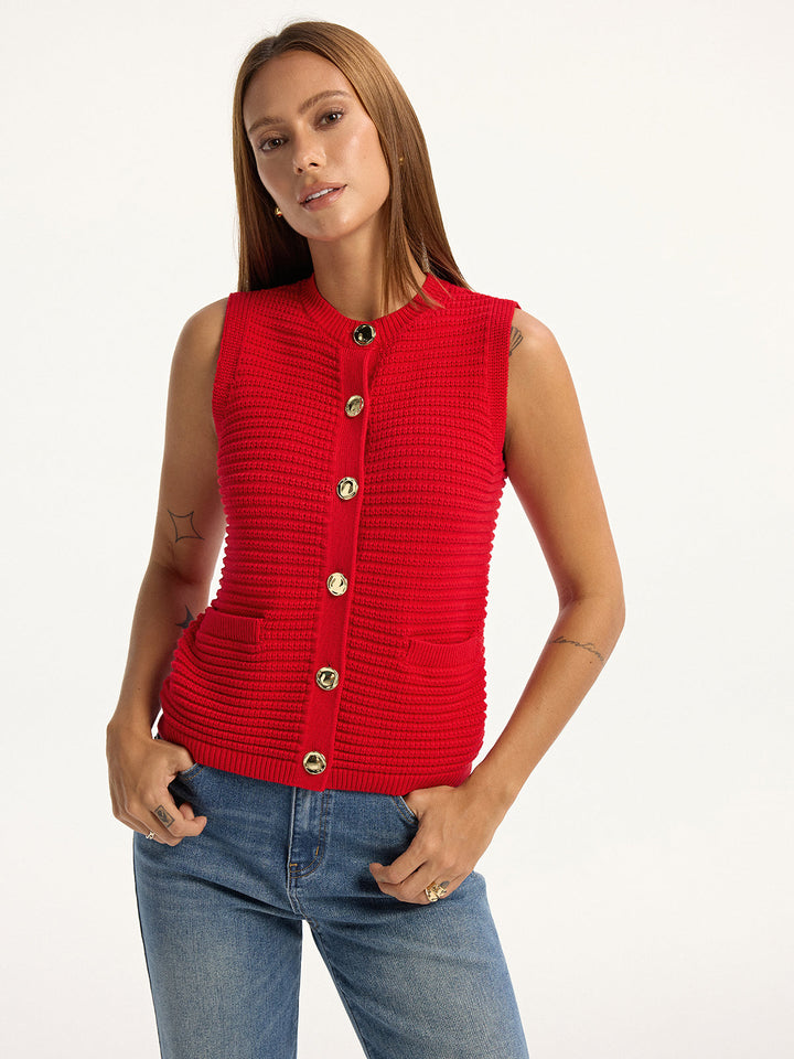 Metal Button Pocket Sweater Vest