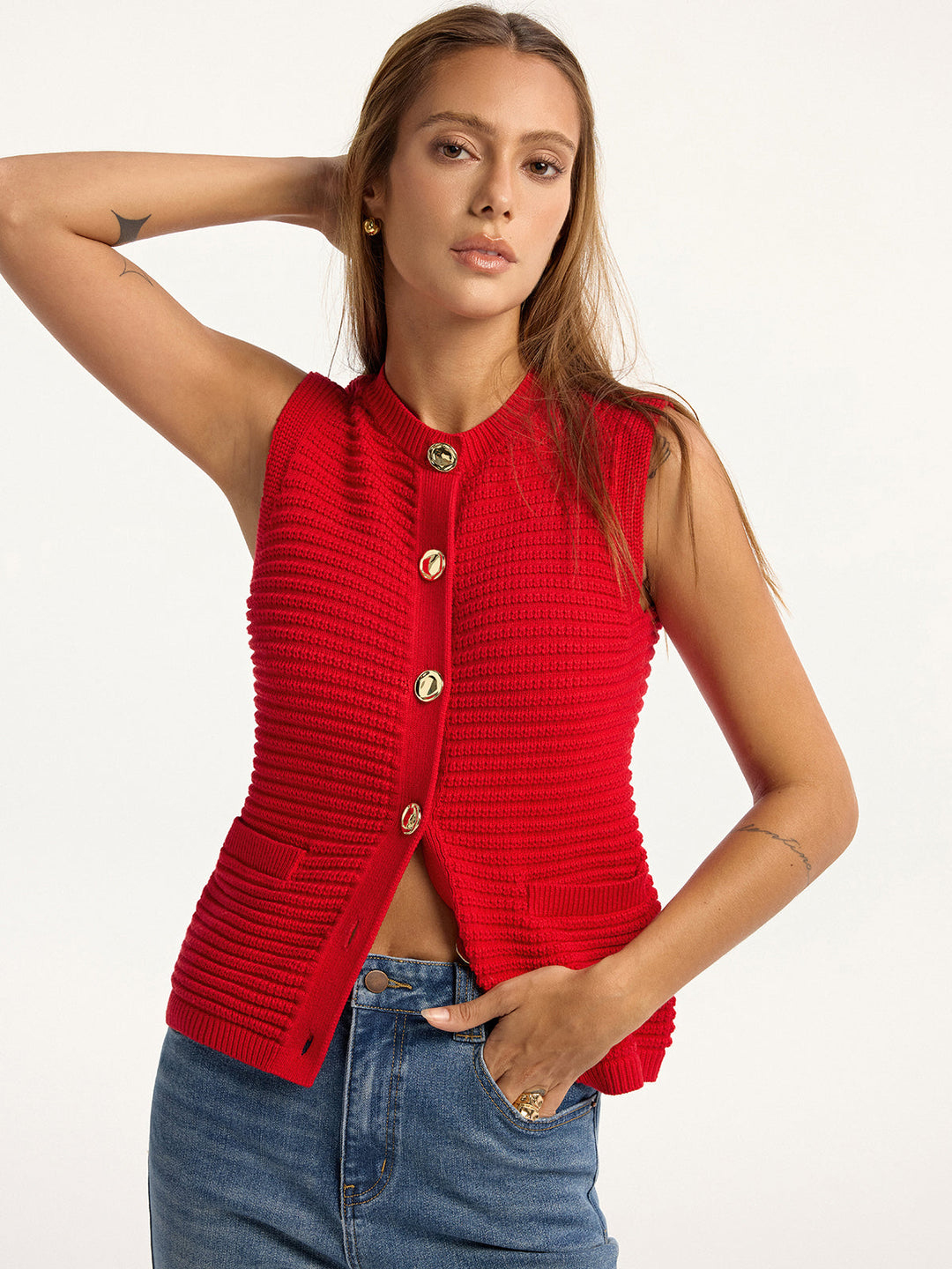Metal Button Pocket Sweater Vest