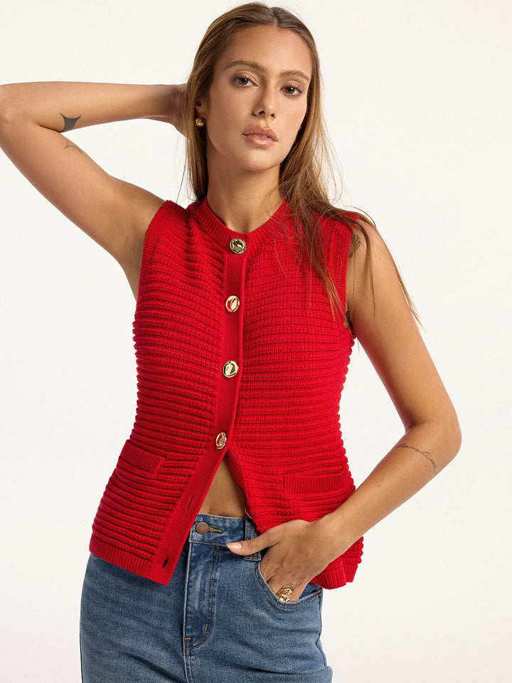 Metal Button Pocket Sweater Vest
