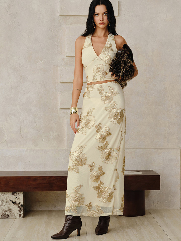 Floral Embroidered Halter Top and Skirt Set