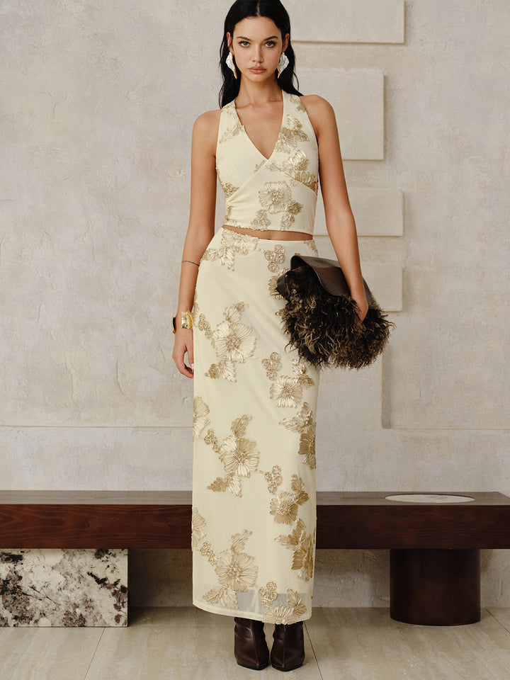 Floral Embroidered Halter Top and Skirt Set
