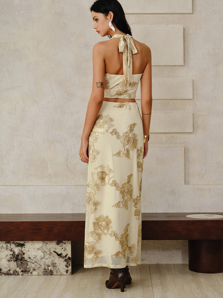 Floral Embroidered Halter Top and Skirt Set