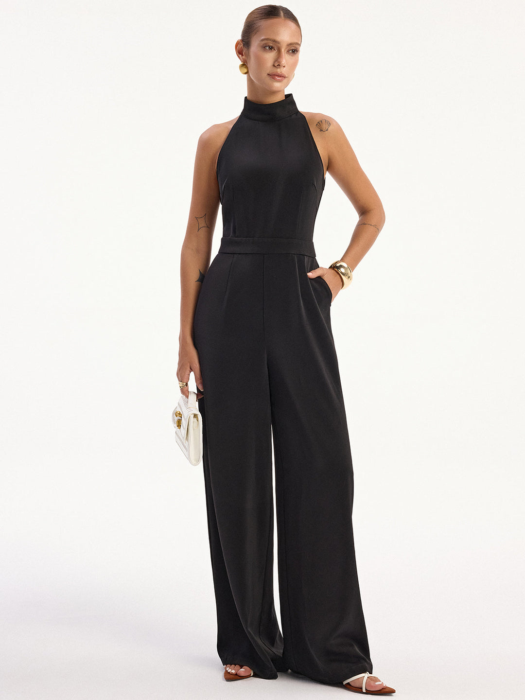 Satin Halter Neck Back Slit Jumpsuit without Belt