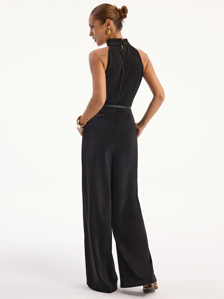 Satin Halter Neck Back Slit Jumpsuit without Belt
