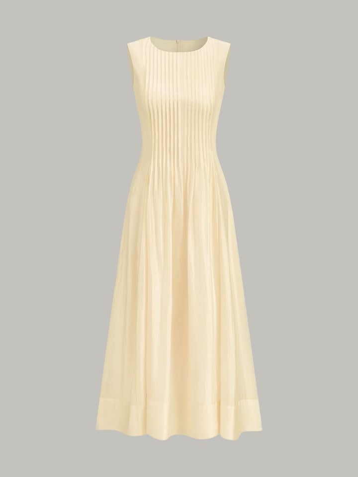 Semi-Sheer Tencel Pleated Sleeveless Midi Dress