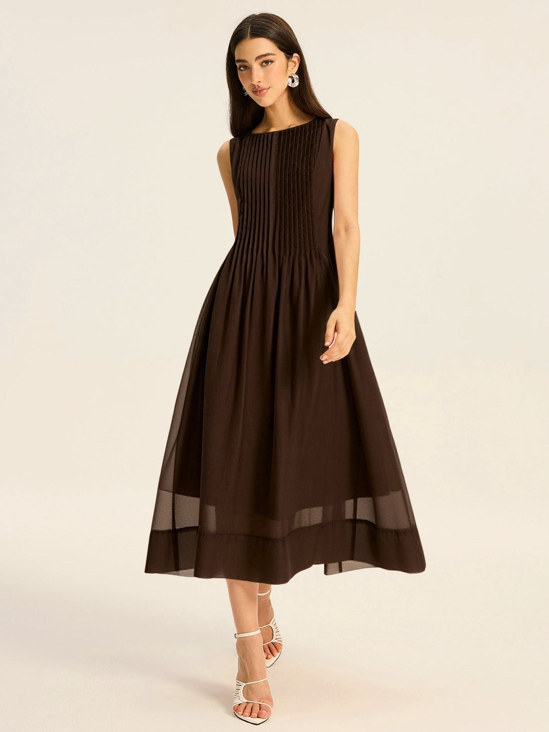 Semi-Sheer Tencel Pleated Sleeveless Midi Dress