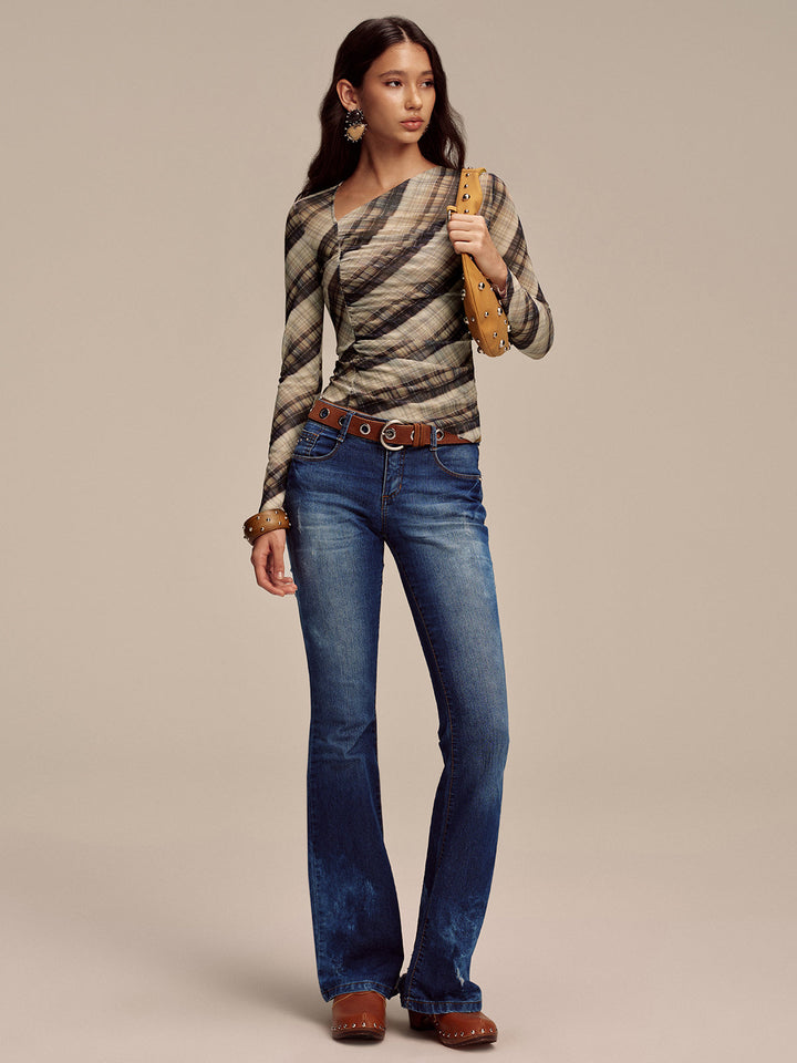 Semi-Sheer Mesh Asymmetric Ruched Blouse