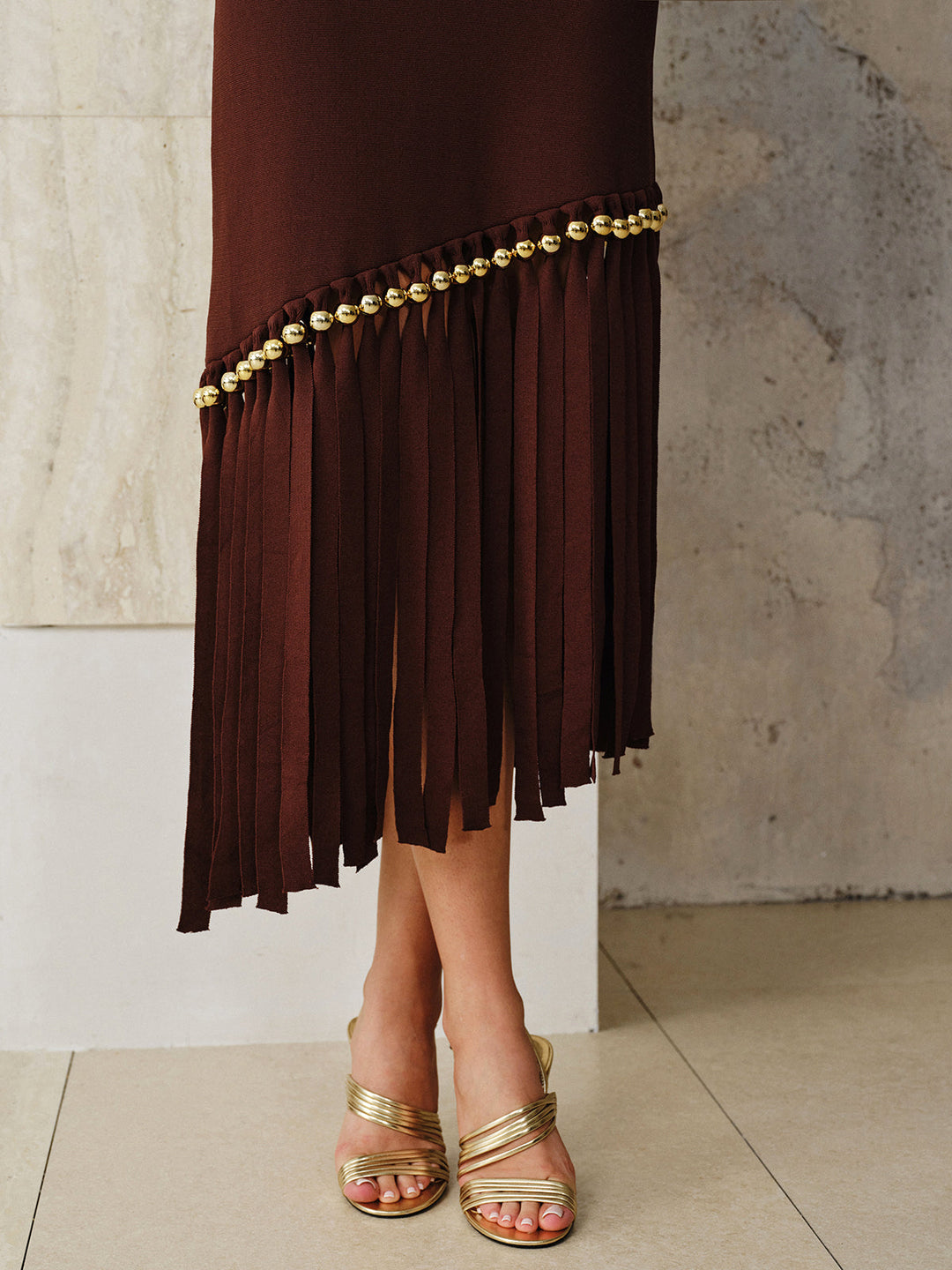 Asymmetric Fringe Metal Bead Detail Maxi Dress