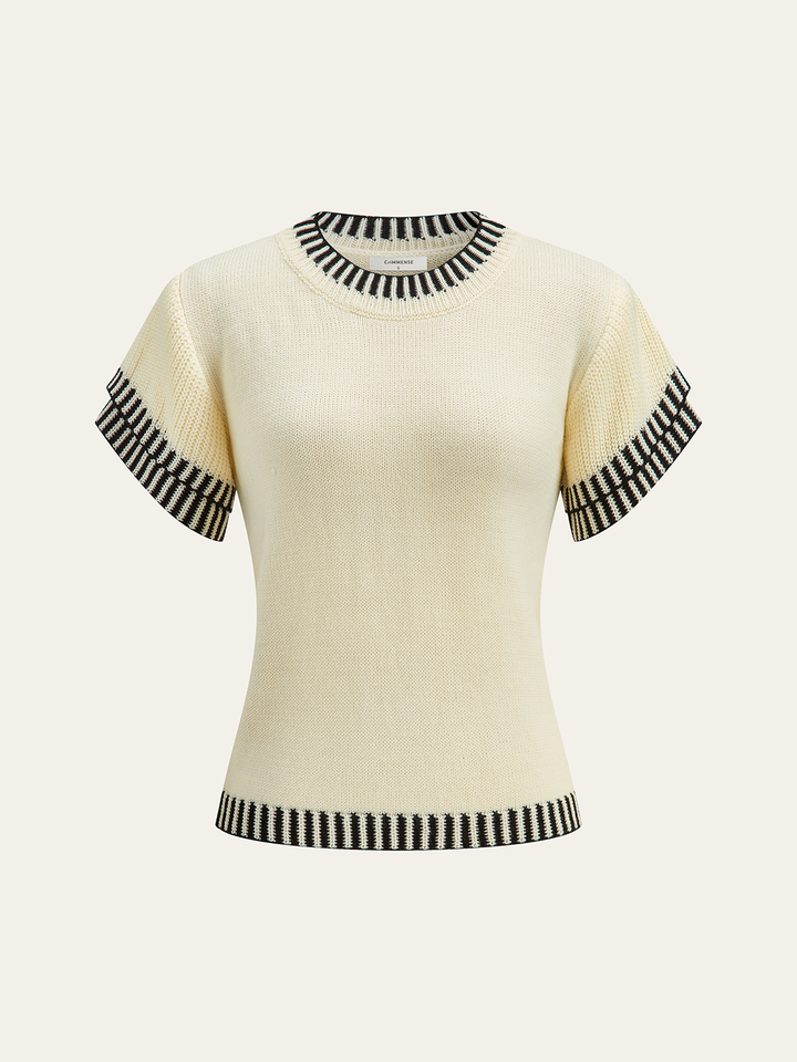 Contrast Striped Trim Short Sleeve Knit Top