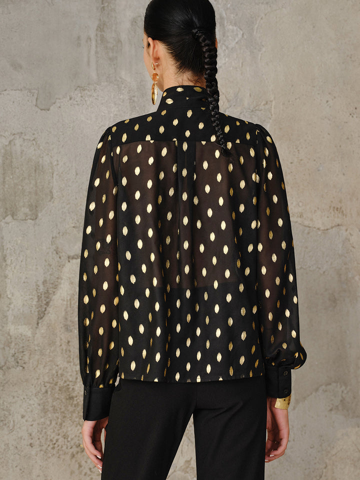 Polka Dot Bow Neckline Semi-Sheer Blouse