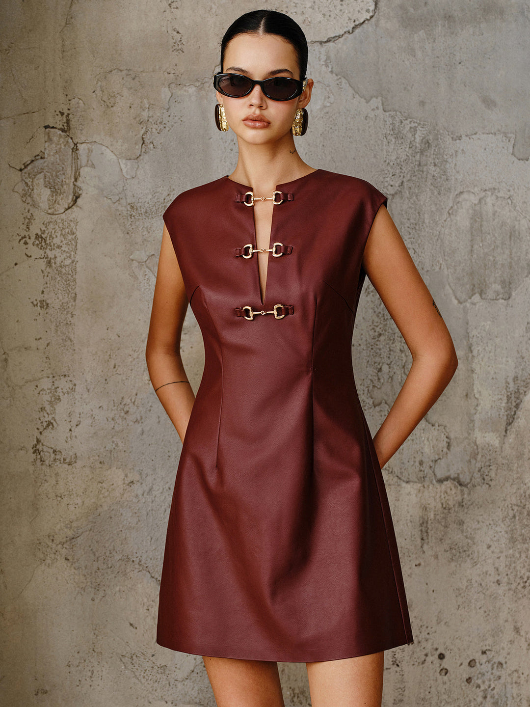 PU Leather Metal Buckle Sleeveless Mini Dress