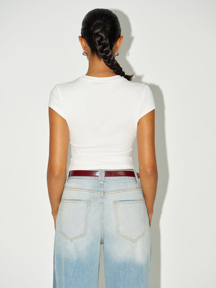 Ribbed Crew Neck Short Sleeve Cotton-Blend Top