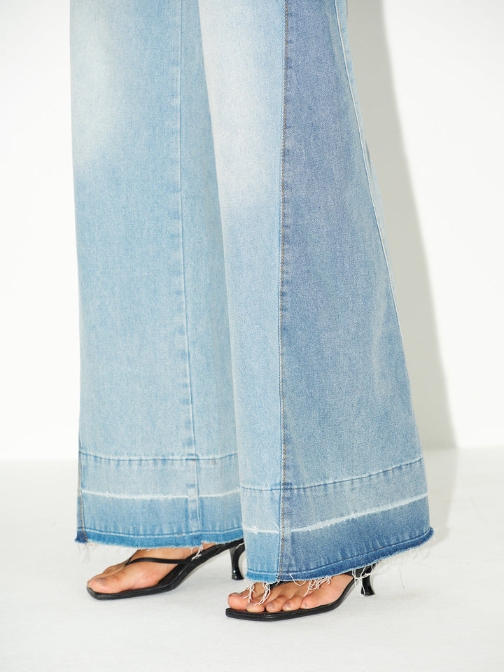 Contrast Panel Wide-Leg Jeans