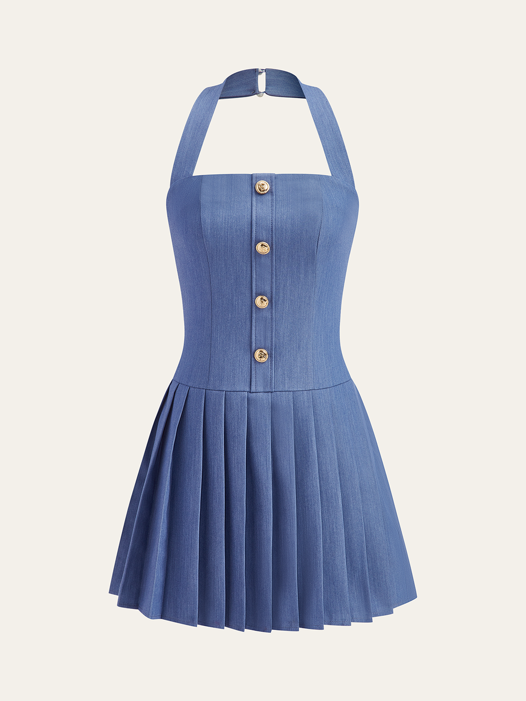 Metal Button Halter Neck Pleated Dress