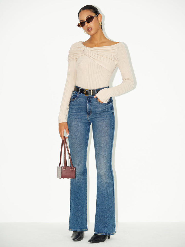 Asymmetric Twist-Front Ribbed Knit Top