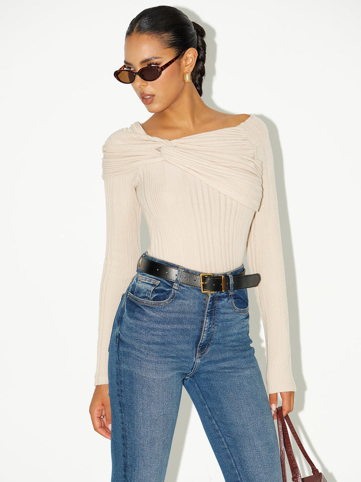 Asymmetric Twist-Front Ribbed Knit Top