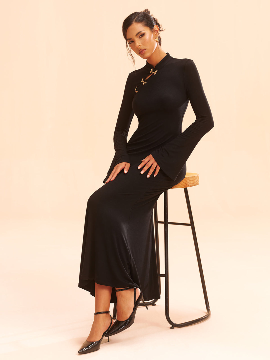 Metal Bow Detail Stand Collar Maxi Dress