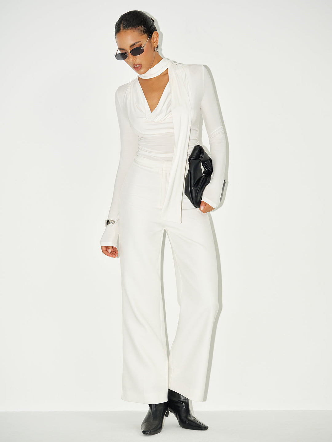 Cowl Neck Long Sleeve Tie Detail Knit Top