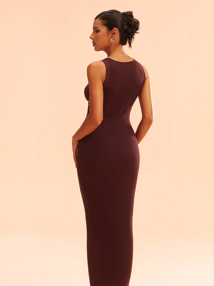 Ribbed Knit Cut-Out Bodycon Midi Dress