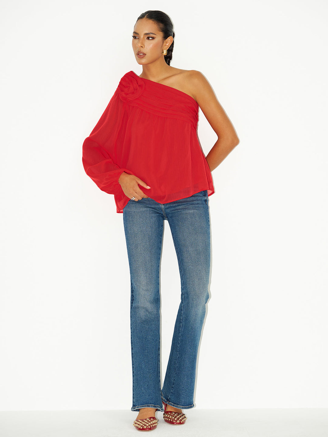 Chiffon One-Shoulder Rosette Shirt