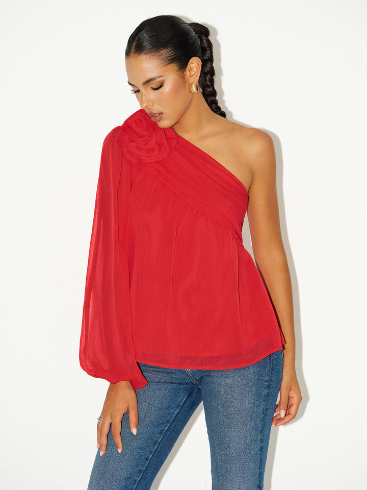 Chiffon One-Shoulder Rosette Shirt