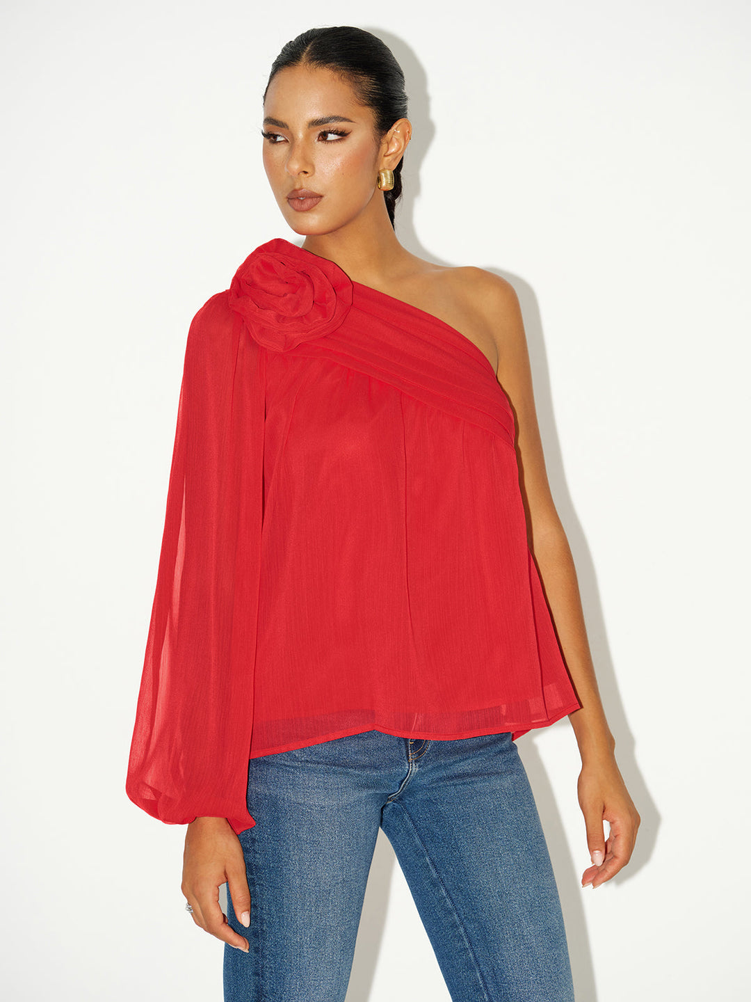 Chiffon One-Shoulder Rosette Shirt