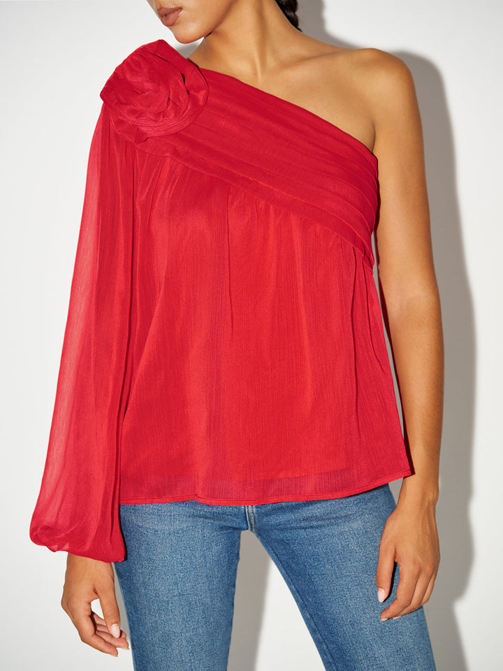 Chiffon One-Shoulder Rosette Shirt