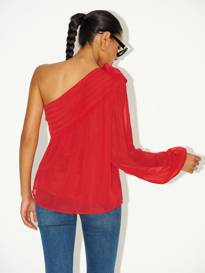 Chiffon One-Shoulder Rosette Shirt