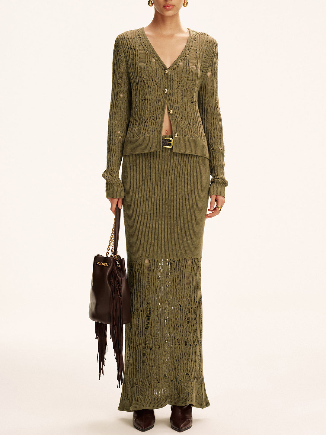 Metal Button Openwork Knit Skirt Set