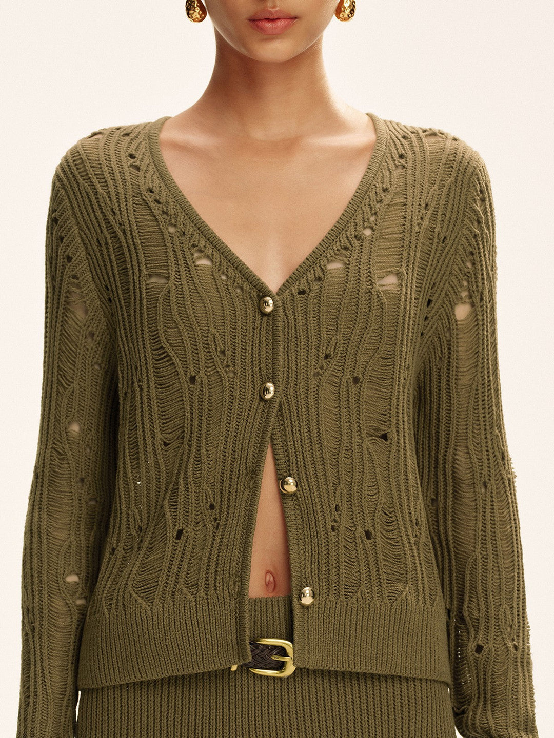 Metal Button Openwork Knit Skirt Set